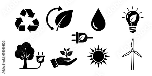 Black Simple Recycling and Eco-Friendly Vector Icons Set: Renewable Energy, Nature, Environment, Sustainability, and Green Practices. Minimalist Flat Graphics.

