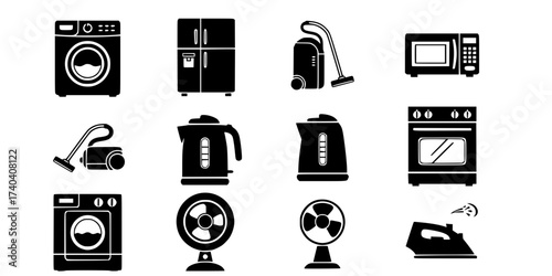 Home Appliance Icons Vector Set: Washing Machine, Refrigerator, Microwave, Vacuum, Kettle, Oven, Fan, and Iron. Minimalist Flat Design Graphics for Household and Tech.

