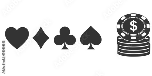 Bold Black Silhouette Playing Card Icons Vector Set: Poker Chips, Dice, Casino, Gambling, Ace, Royal Flush, and Betting Symbols. Game Night Graphics Collection.

