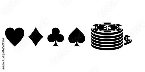 Bold Black Silhouette Playing Card Icons Vector Set: Poker Chips, Dice, Casino, Gambling, Ace, Royal Flush, and Betting Symbols. Game Night Graphics Collection.


