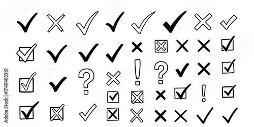 Hand-Drawn Check Marks and Symbols Vector Set: Doodle Checklist, Cross, Tick, X Mark, Approval, Denial, and Voting Icons. Sketch Graphics Collection for UI/UX.

