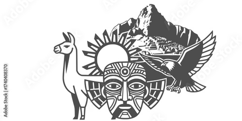 Traditional Peruvian Elements Vector Set: Inca Mask, Sun, Llama, Eagle, Machu Picchu, Alpaca, and Ancient Symbols. Retro South American Culture Illustration.

