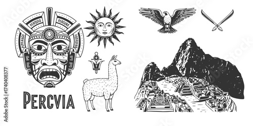 Traditional Peruvian Elements Vector Set: Inca Mask, Sun, Llama, Eagle, Machu Picchu, Alpaca, and Ancient Symbols. Retro South American Culture Illustration.

