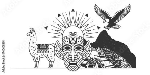 Traditional Peruvian Elements Vector Set: Inca Mask, Sun, Llama, Eagle, Machu Picchu, Alpaca, and Ancient Symbols. Retro South American Culture Illustration.

