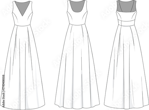 Fashion CAD drawing, flat vector illustration of women sleeveless evening dress with fitted waist and flared skirt, apparel design template