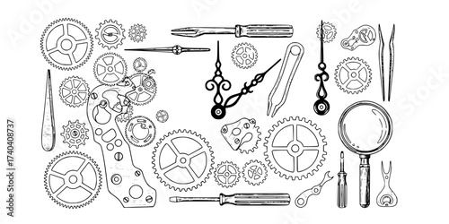 Vintage Clockwork Elements Vector Set: Engraved Gears, Clock Hands, Tools, Springs, Dials, and Machinery. Retro Steampunk & Time Illustration Collection.

