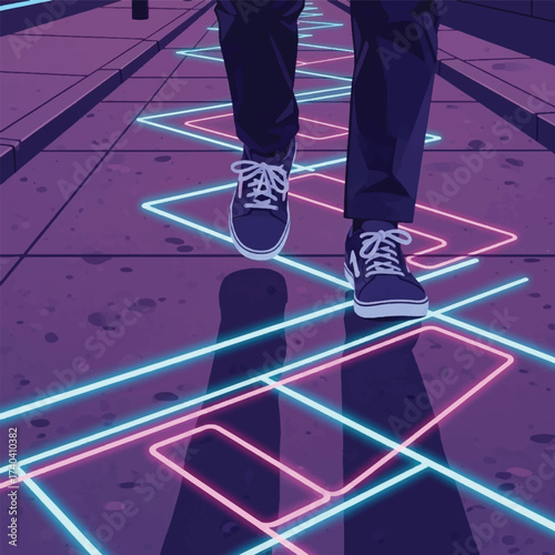 A person's legs in sneakers walking on a dark sidewalk illuminated by a futuristic pattern of glowing blue and pink neon lines.
