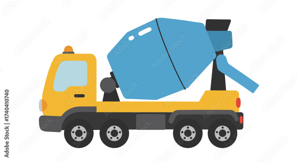 Naklejka premium Cartoon Cement Mixer Truck with Blue Drum and Yellow Cab.