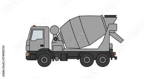 Gray Concrete Mixer Truck Illustration with Rotating Drum.