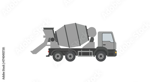 Gray Concrete Mixer Truck with Rotating Drum and Chute.