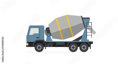 Blue Concrete Mixer Truck with Yellow Stripes Illustration.