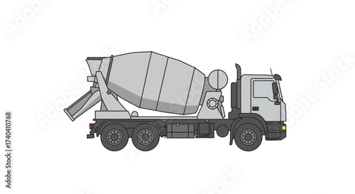 Gray Cement Mixer Truck Illustration with Rotating Drum and Chute.