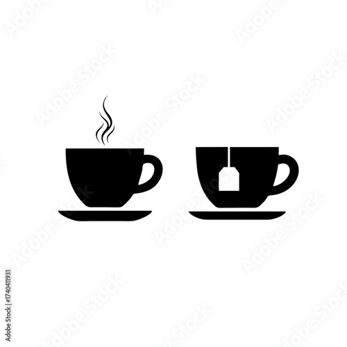 Two black tea cups sit side by side, one steaming and the other with a tea bag, representing a cozy and inviting moment of relaxation and warmth.