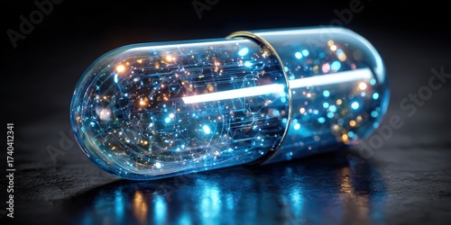 High-quality transparent blue capsule pill representing advanced pharmaceutical medication, healthcare innovation, and modern medical treatment solutions