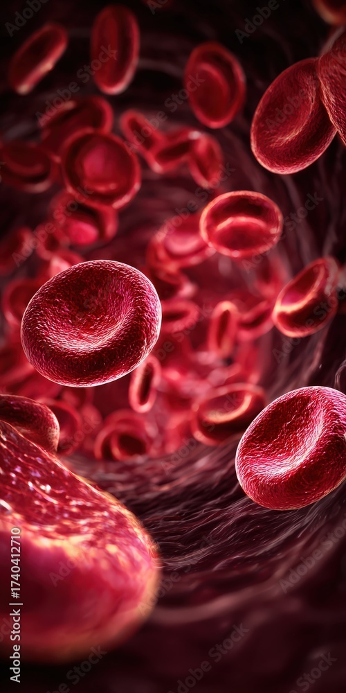 Fototapeta premium Detailed view of red blood cells in blood flow illustrating blood circulation, cellular structure, health, and hematology analysis for medical and scientific purposes