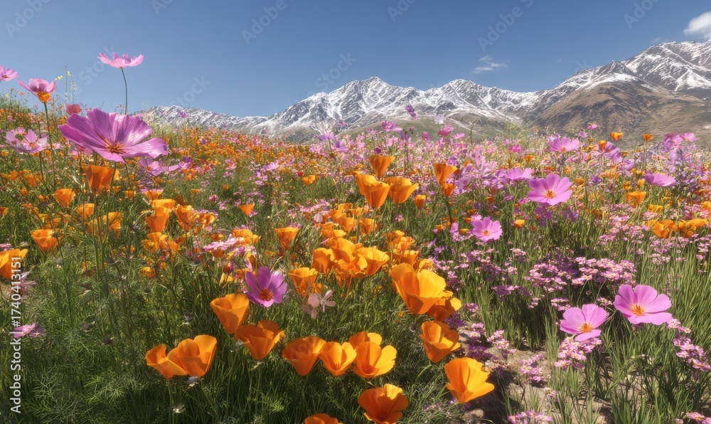 Obraz premium Expansive Wildflower Field Under Snowy Mountain Range