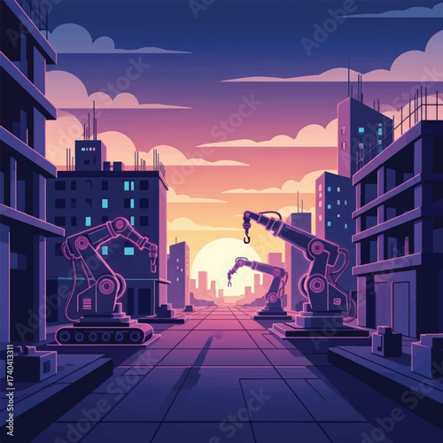Futuristic city under construction with robotic arms and cranes building skyscrapers at sunset.