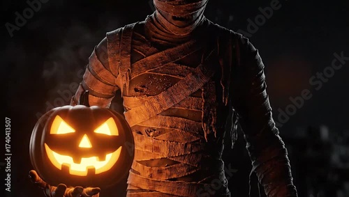 Mummy holding a glowing jack-o-lantern in a dark background with cinematic lighting.