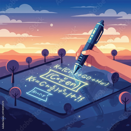 A hand holding a pen writes mathematical equations on a glowing tablet screen in a serene landscape at sunset.