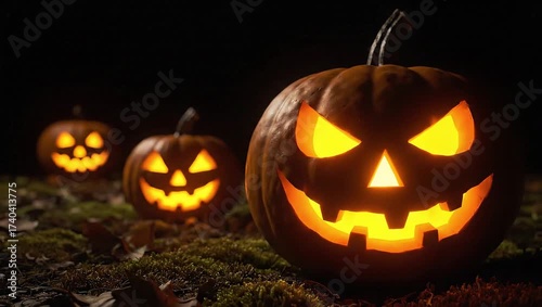 Glowing jack-o-lanterns on mossy ground in a dark background with warm orange light.
