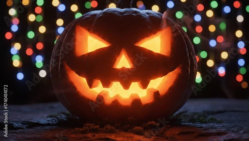 Glowing jack-o'-lantern with spooky face on a table against colorful Halloween lights