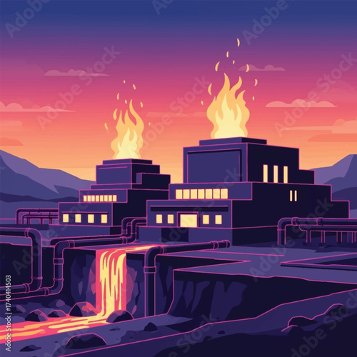 Illustration of a futuristic industrial complex with flames, pipes, and a vibrant sunset background.