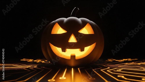 Glowing jack-o-lantern on a dark background with orange circuit board pattern for Halloween