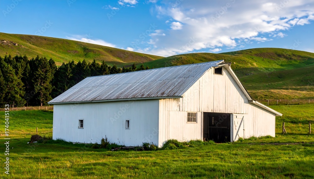 Obraz premium A white barn stands in a verdant field, hills behind, under a blue sky