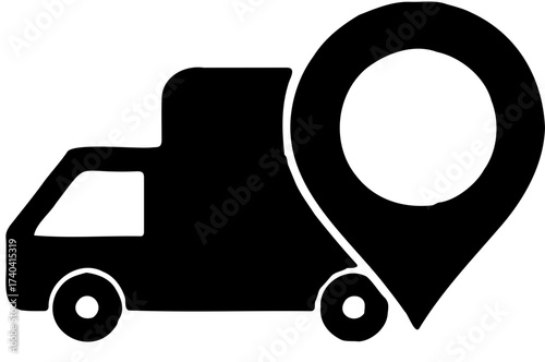 Efficient package delivery and logistics service concept illustrated by a truck icon merged with a location marker, signifying real-time tracking and modern transportation