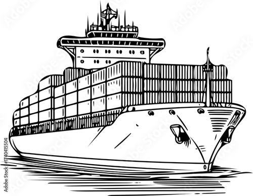 Hand-drawn illustration of a massive container ship sailing the ocean, a symbol of global logistics and maritime freight transport