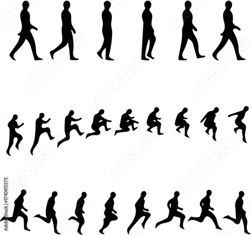 Silhouettes of human figures in various dynamic poses, capturing movement and action for animation or design projects