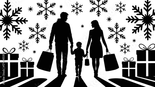Silhouette of a Family Christmas Shopping Trip with Gifts and Snowflakes, Holiday Season Celebration, Modern Festive Design Element for Commercial Use