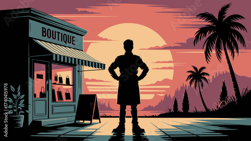 Stunning boutique owner silhouette at sunset, ready to serve customers with a curated selection of handbags and accessories in a stylish tropical setting