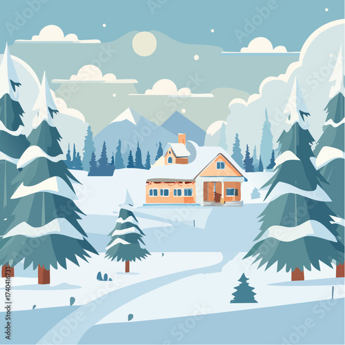 Charming winter cabin nestled among snow-covered trees, perfect for holiday cards, cozy getaways, and serene winter scenes, originally a scalable vector graphic