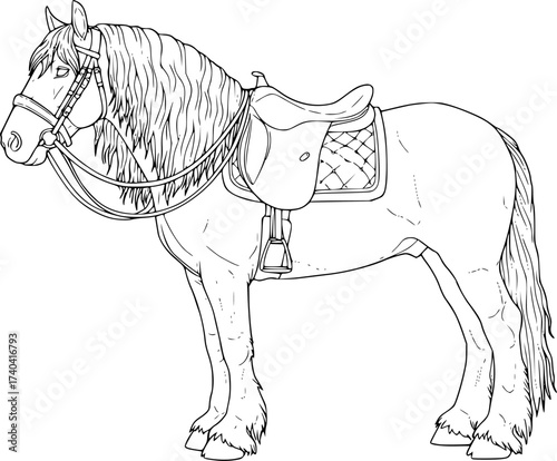 A coloring page of an elegant shire horse wearing a saddle and bridle.
