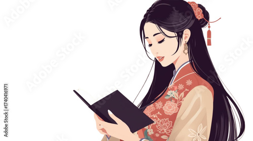 Asian woman reading a book isolated on white background