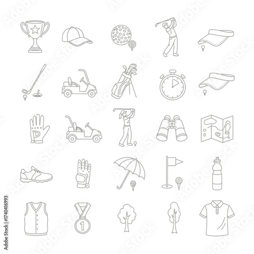 Golf themed line art icons featuring equipment player and course elements in a seamless pattern style