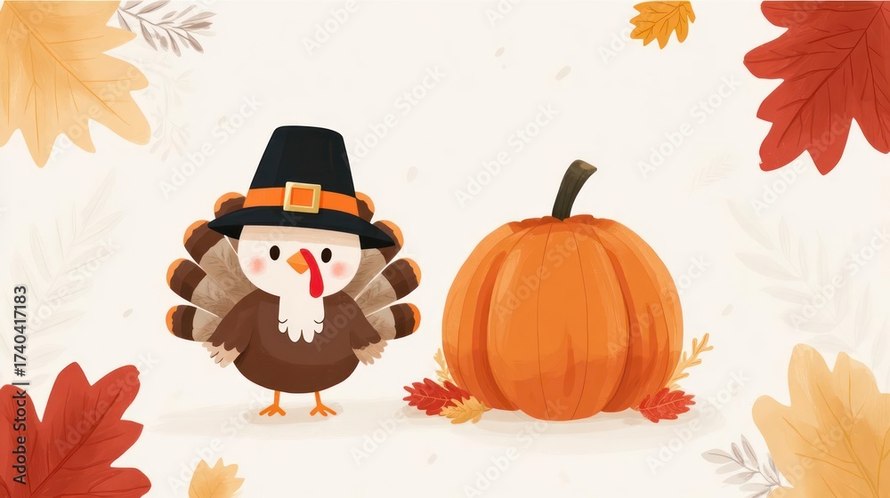 Fototapeta premium Cute cartoon pilgrim turkey and pumpkin illustration with autumn leaves for thanksgiving holiday celebration