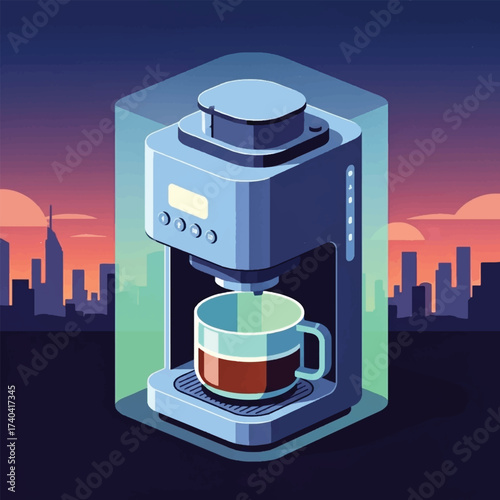 A modern coffee maker brews a cup of coffee in a stylized isometric view with a city skyline at dusk in the background.