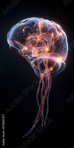 Futuristic digital visualization of human brain with neural network and electricity, highlighting scientific innovation, neural connections, and mental health research