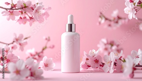 桜と化粧水ボトルの春モックアップ｜スキンケア広告用