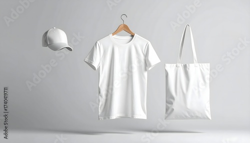 Apparel branding mockup featuring a plain white t-shirt, cap, and tote bag