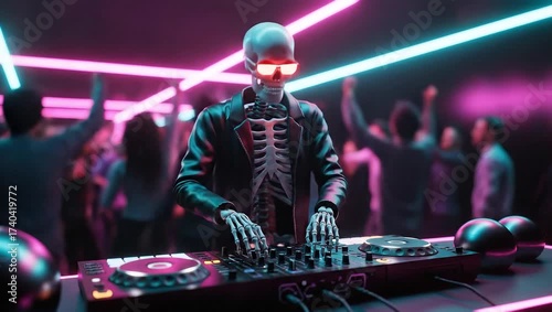 A skeleton DJ wearing a leather jacket spins Halloween tunes on a controller in a neon-lit nightclub with a lively crowd.