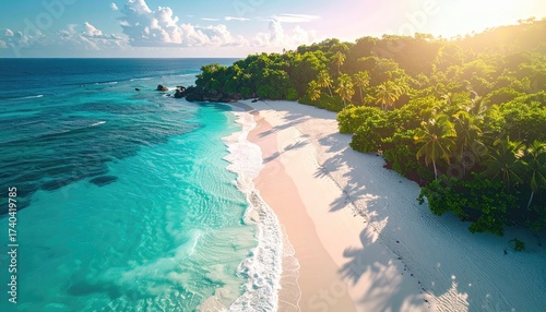 Aerial View of Tropical Island with Turquoise Water and Sandy Beach During Golden Hour