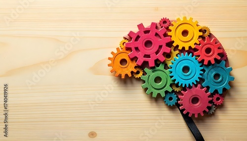 A variety of colorful gears arranged on a wooden table, representing creativity and innovation for World Creativity & Innovation Day
