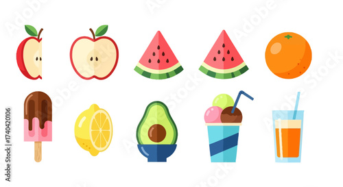 A collection of colorful, stylized illustrations of various fruits, ice cream, and a beverage.