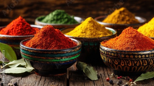 Fototapeta Naklejka Na Ścianę i Meble -  Close up of colorful spice piles in small ceramic bowls