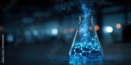 Futuristic laboratory scene featuring a glowing blue beaker with digital energy and molecular structures, highlighting innovation, scientific research, and advanced technology