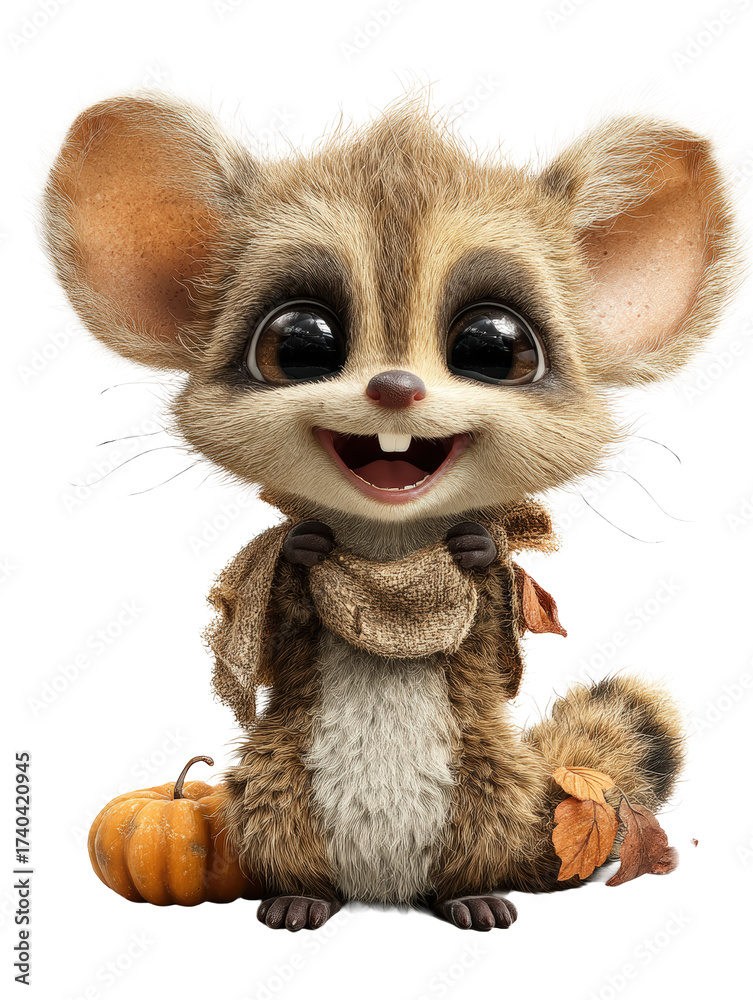 Fototapeta premium Cute fluffy cartoon mouse with big eyes and a pumpkin, isolated on transparent background