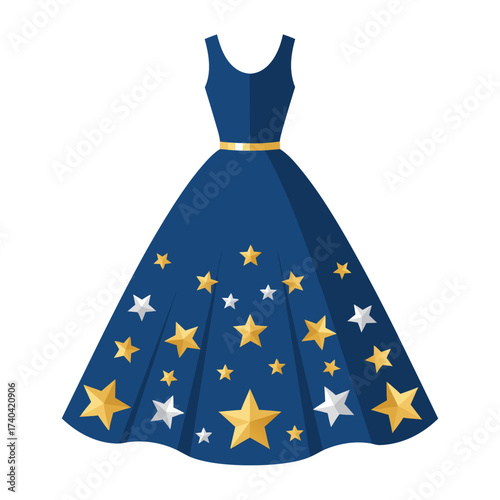 blue sleeveless evening dress decorated with golden stars